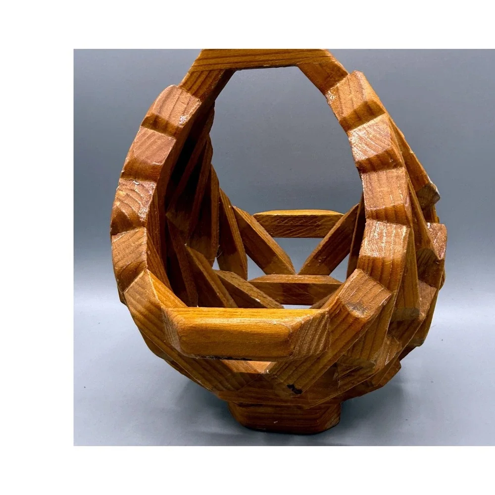 Vintage Folk Art Geometric Interlocking Wood Planter Basket MCM Handle Brown 9in